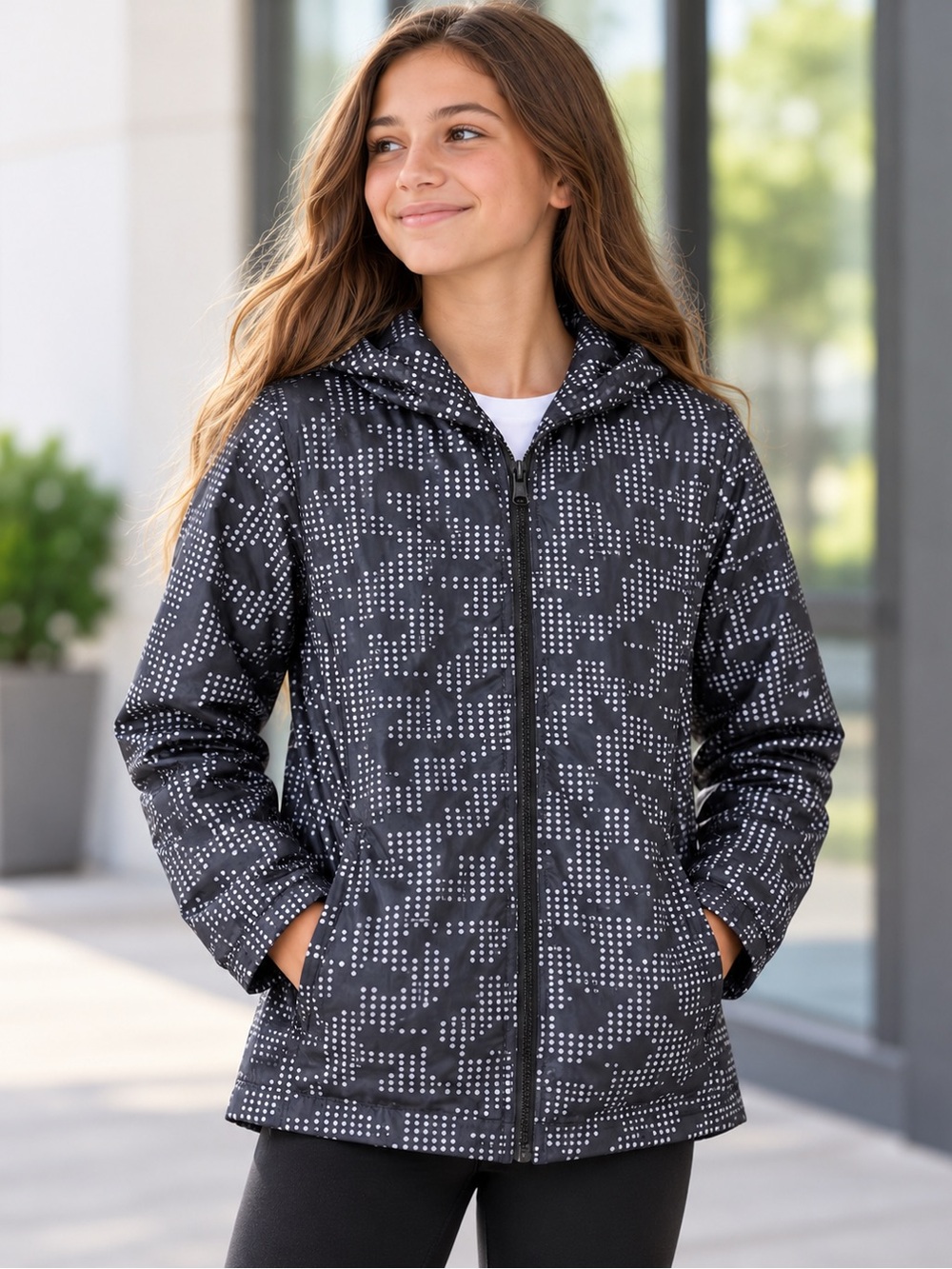 Lands’ End Girls’ Hooded Lightweight Jacket L 14–16 Gray Dot Print